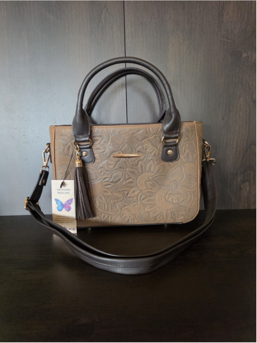 Milk Chocolate Brown Tasseled Sunflower Embossed Tooled Artisan LEATHER Purse - Picture 13 of 16